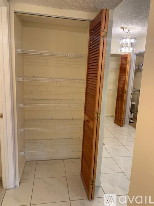 Empty walk-in closet with white shelves and a wooden door.