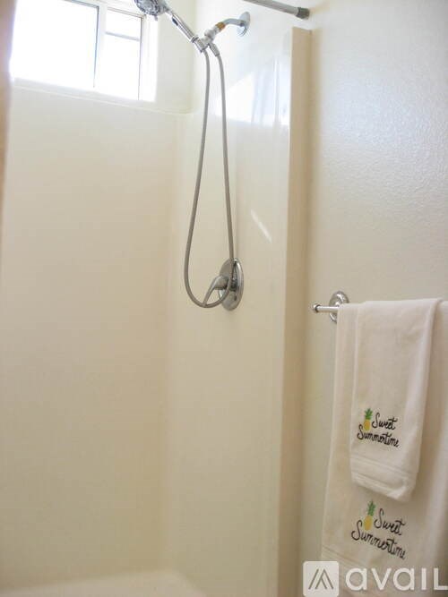 A white towel with the words "Swift Summertime" written on it hangs on a shower rod.