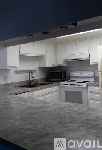 A kitchen with white cabinets and a marble countertop.