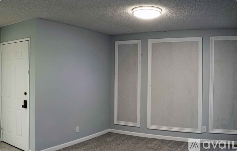 A room with a white door and three white panels on the wall.