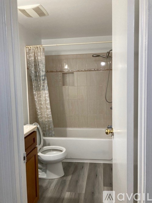 A bathroom with a toilet, tub, and shower curtain.