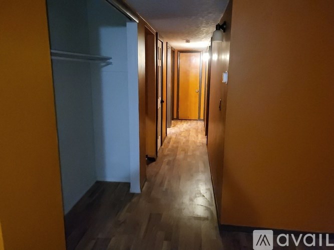 A hallway with wooden floors and doors on both sides.
