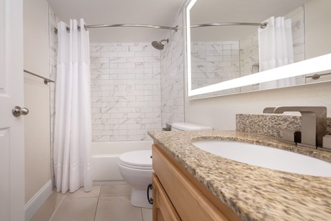 A bathroom with a marble countertop and a white toilet.