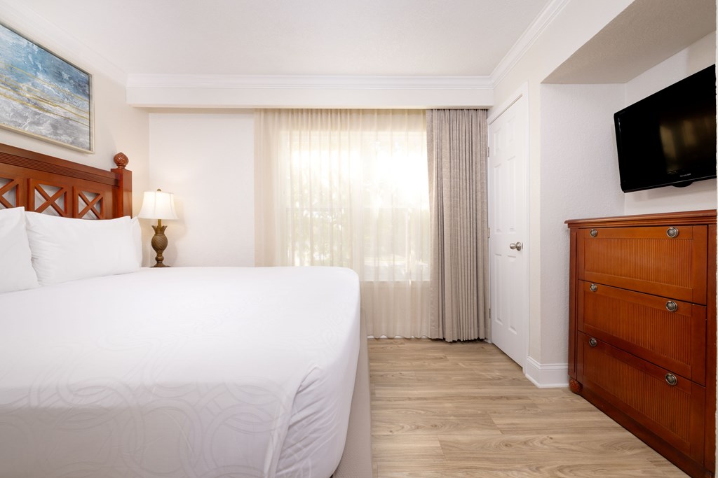 A hotel room with a large bed, a television, and a window with curtains.