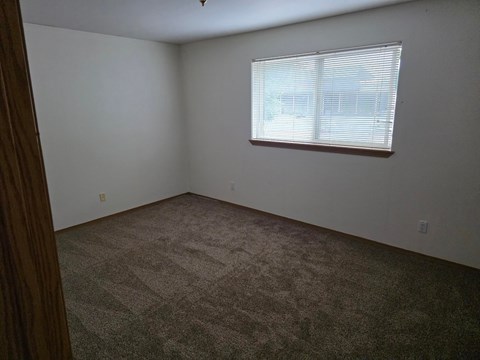 A room with a carpeted floor and a window with blinds.