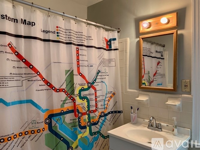 A bathroom with a shower curtain that has a map on it.