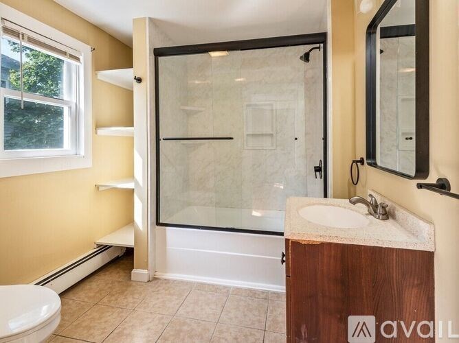 A bathroom with a walk-in shower and a toilet.