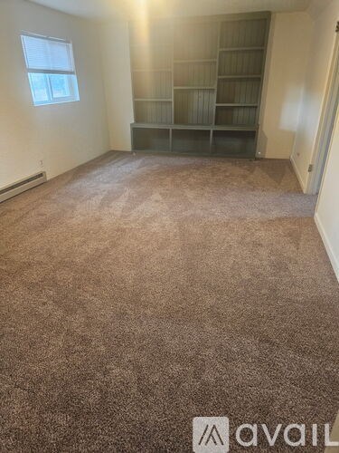 A room with a carpeted floor and a shelving unit against the wall.