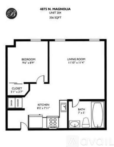 A black and white image of a floor plan for a 354 square foot unit at 4875 N. Magnolia.