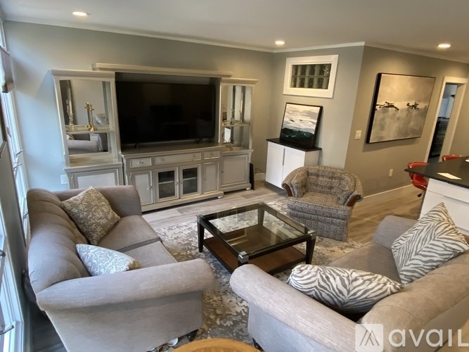 A living room with a grey couch, a coffee table, and a television.