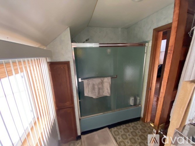 A bathroom with a green shower and a towel hanging on the door.