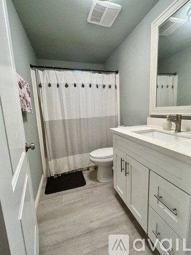 A bathroom with a toilet, sink, and shower curtain.