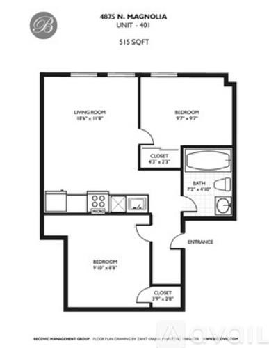 A black and white image of a floor plan for a unit at 4875 N. Magnolia, showing a living room, bedroom, and bathroom.