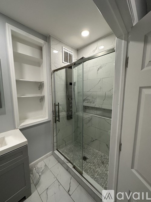 A bathroom with a walk-in shower and a white sink.