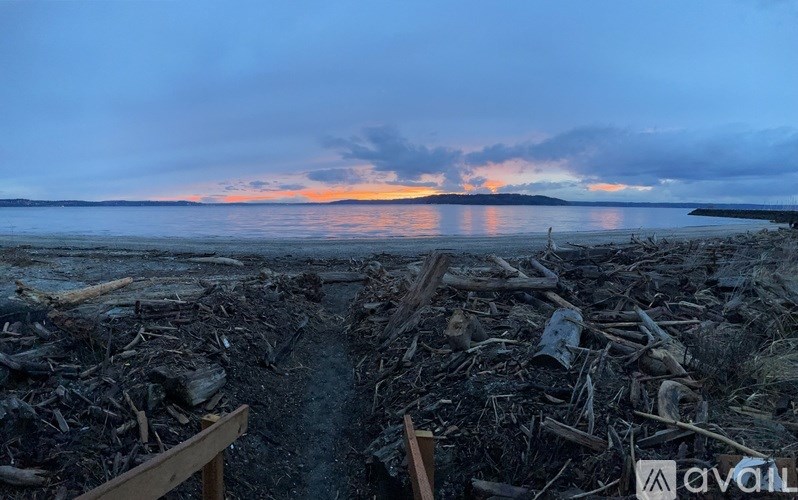 A beach scene with a wooden bench in the foreground and a cloudy sky above.