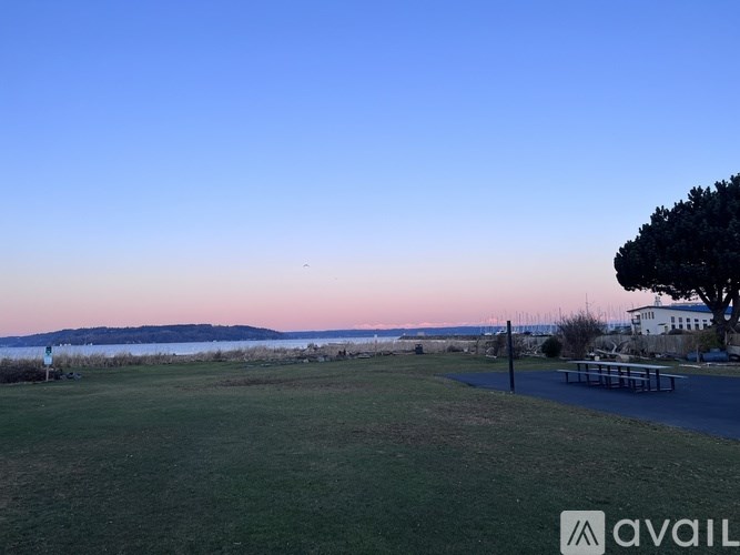 A park with a bench and a tree in the foreground and a body of water in the background.