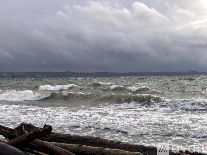 A stormy sea with dark clouds overhead.