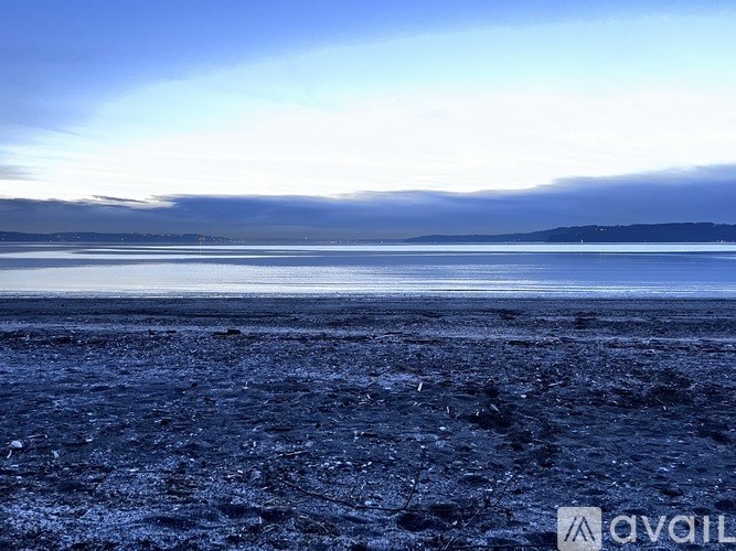 A beach with a vast body of water and a cloudy sky.