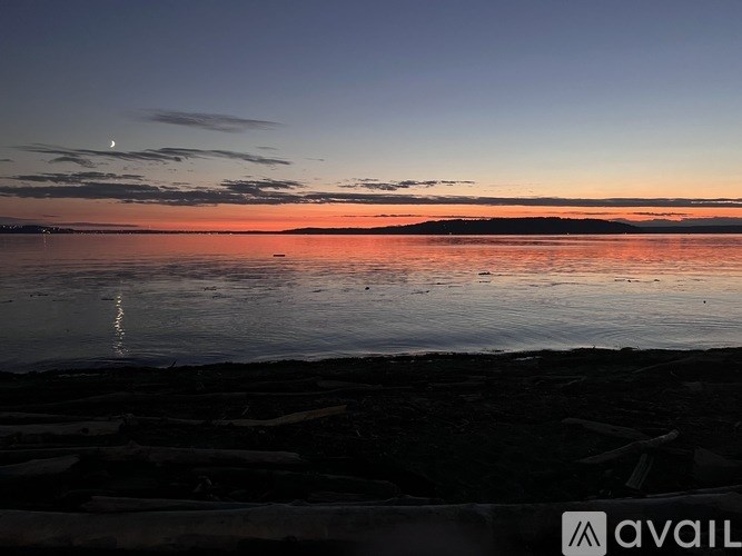 A serene beach scene at sunset with a reflection on the water.