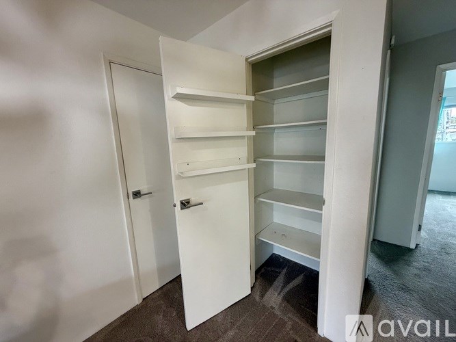 A white closet with shelves and a door.