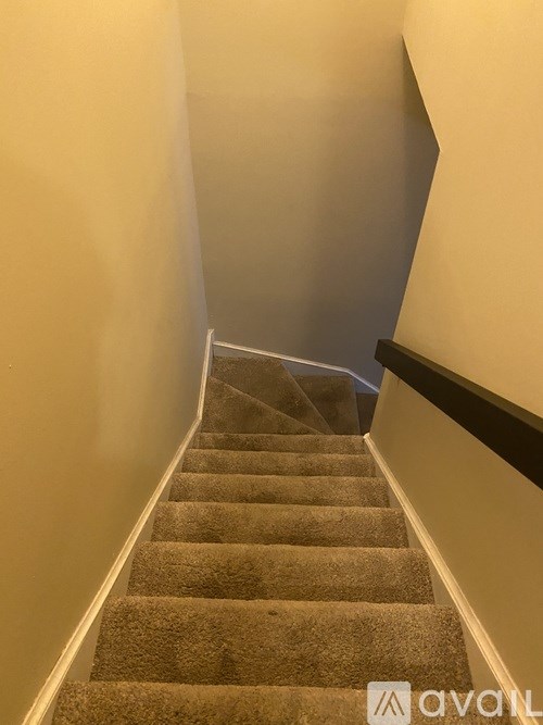 A staircase with a carpeted runner and a black handrail.