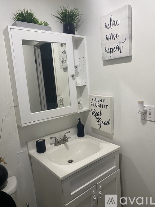 A bathroom with a white sink and a mirror above it.