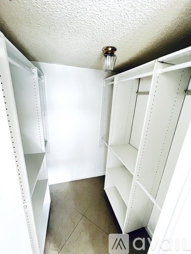 A white pantry with shelves and a light fixture.