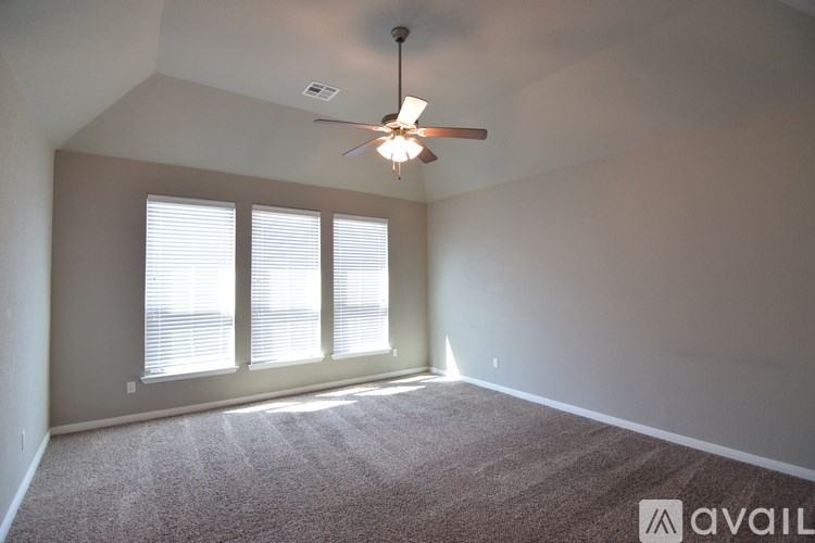 A room with a ceiling fan and carpeted floor.