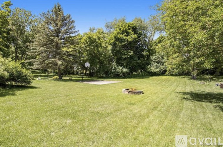 A grassy field with trees and a basketball hoop.