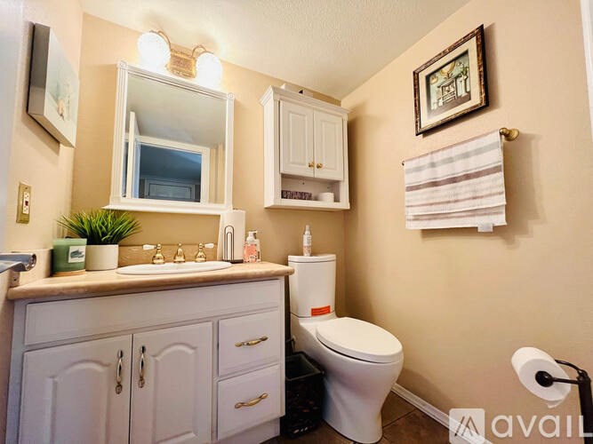 A bathroom with a toilet, sink, and mirror.