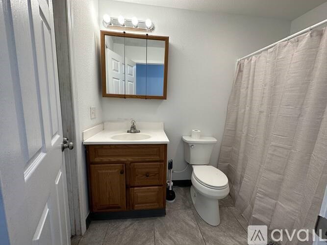 A bathroom with a toilet, sink, and mirror.