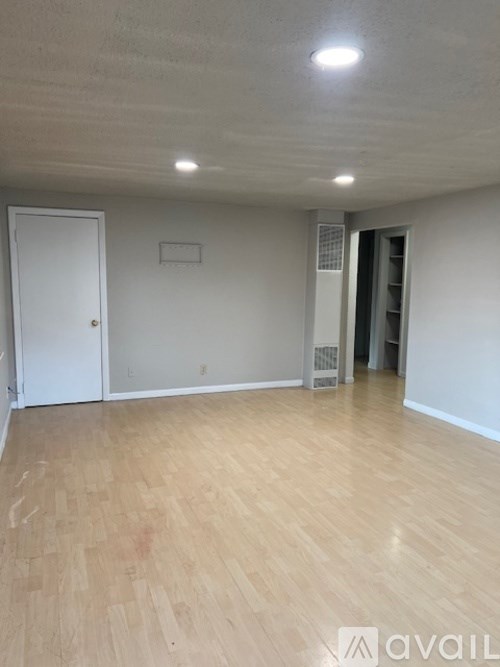 A room with wooden flooring and a white door.