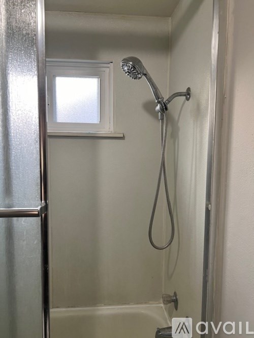 A shower head is mounted on a wall in a small bathroom.