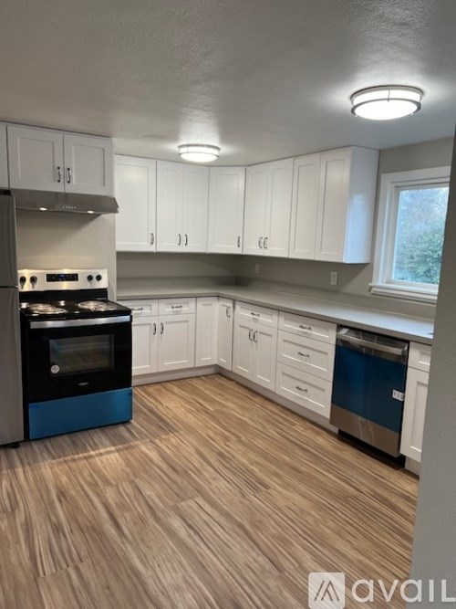 A kitchen with white cabinets and a blue dishwasher.