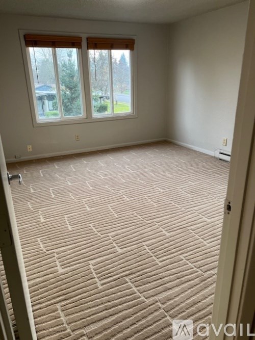 A room with a carpeted floor and a window overlooking a yard.
