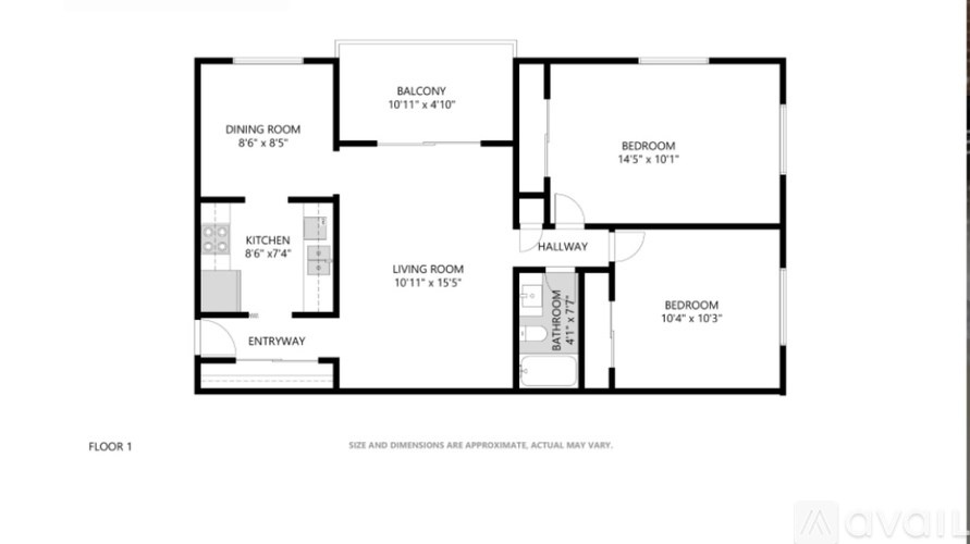 A floor plan of a house with a living room, dining room, kitchen, and three bedrooms.