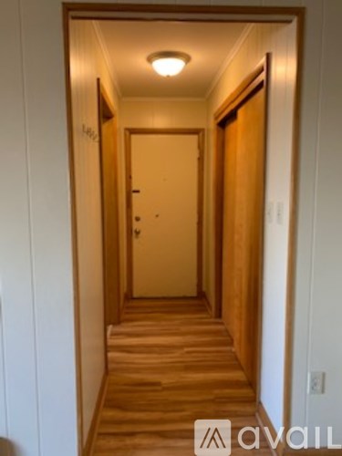 A hallway with a door at the end.