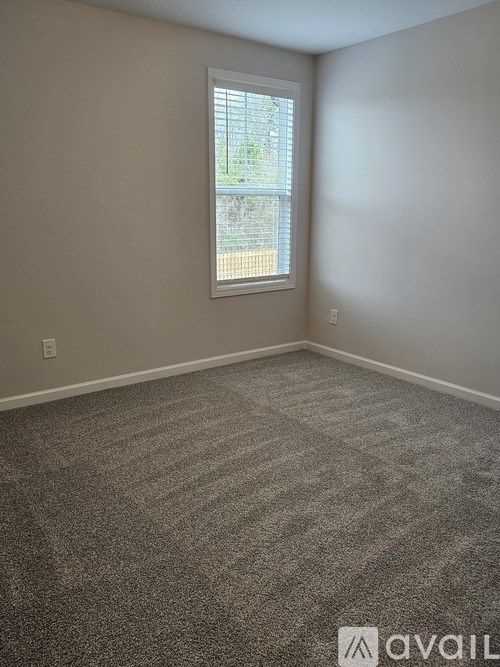 A room with a carpeted floor and a window.
