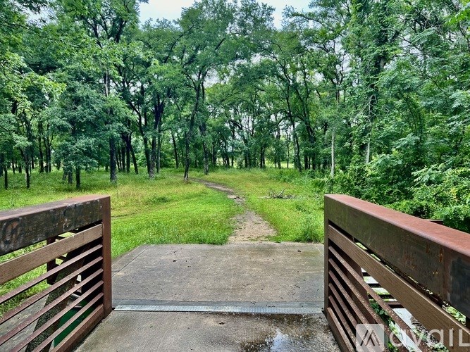 A wooden bridge leads to a muddy path in a green forest.