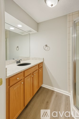 A bathroom with a sink and mirror.