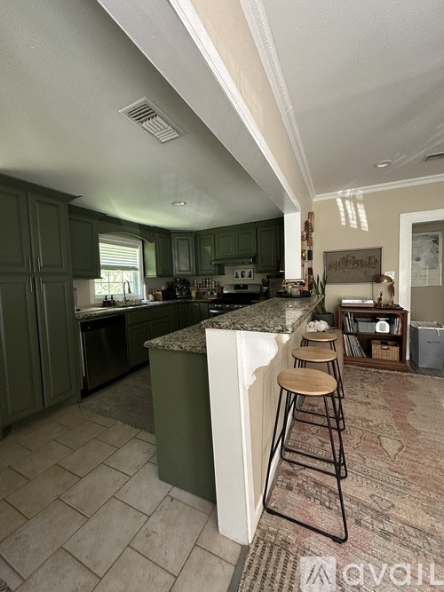A kitchen with green cabinets and a granite countertop.