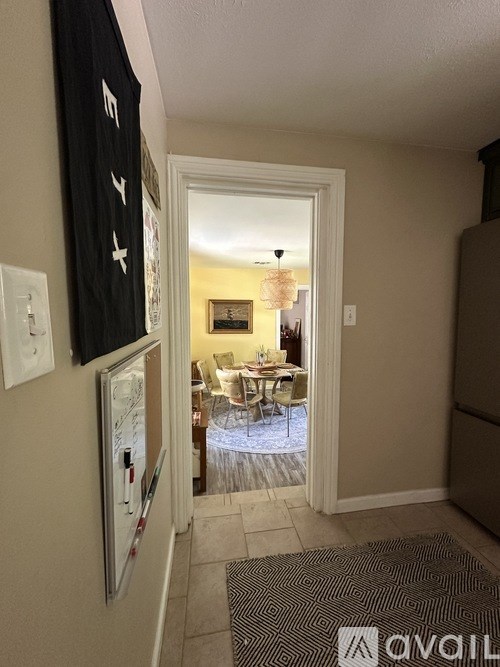 A hallway with a black flag on the wall and a fridge with magnets on it.
