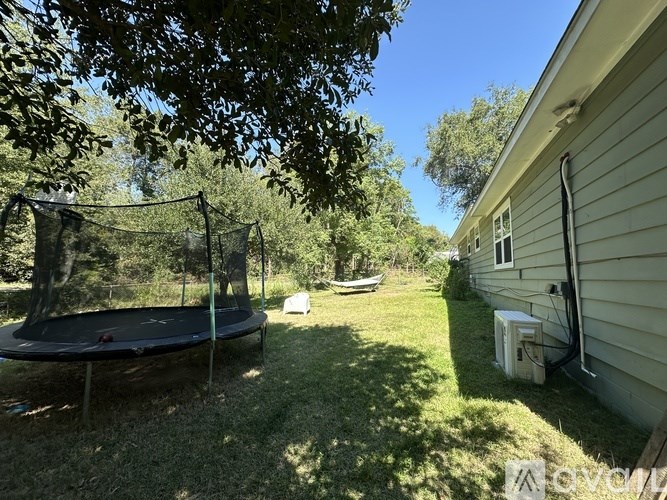 A backyard with a trampoline and a tree.
