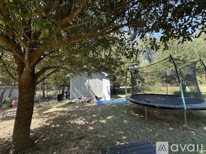 A trampoline is set up in a backyard with a tree in the foreground.