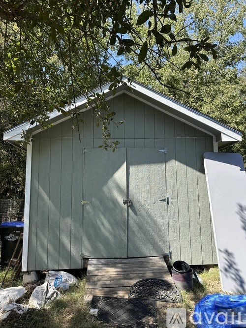 A small green shed with a white door and a brown wooden walkway leading to it.