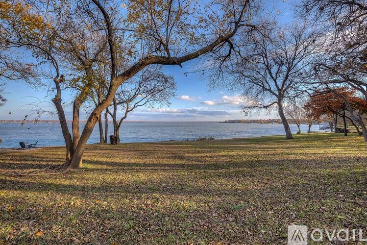 A park with trees and a body of water in the background.