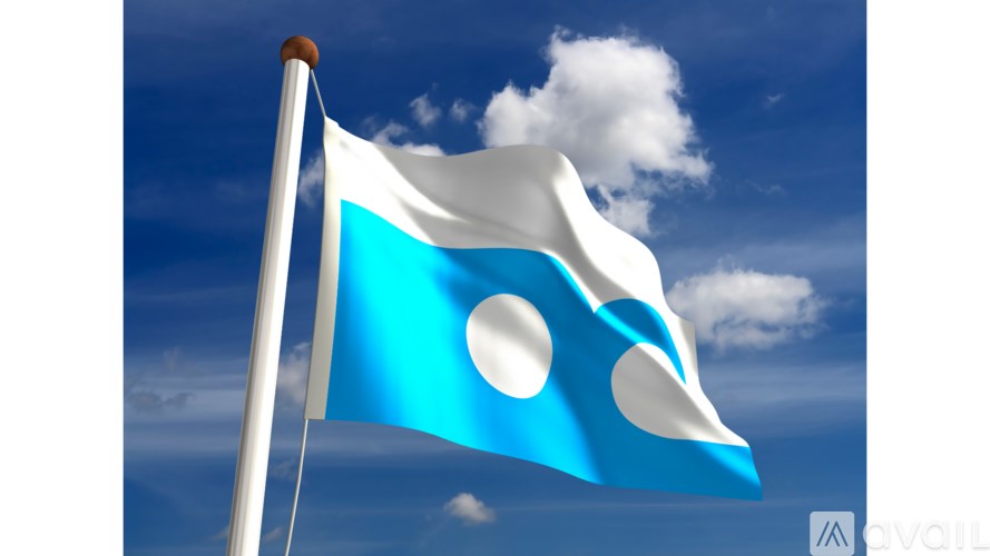 A flag with a blue and white design is waving in the sky.
