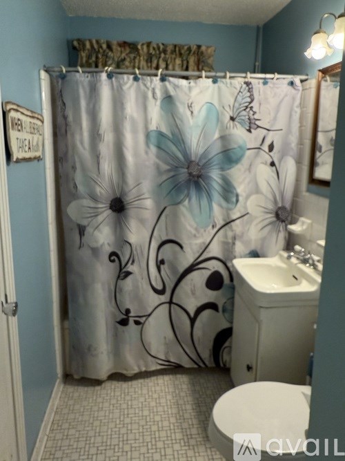 A bathroom with a floral shower curtain and a white toilet.