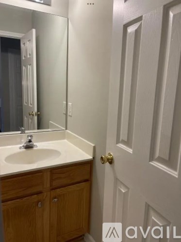 A bathroom with a sink, mirror, and wooden cabinets.