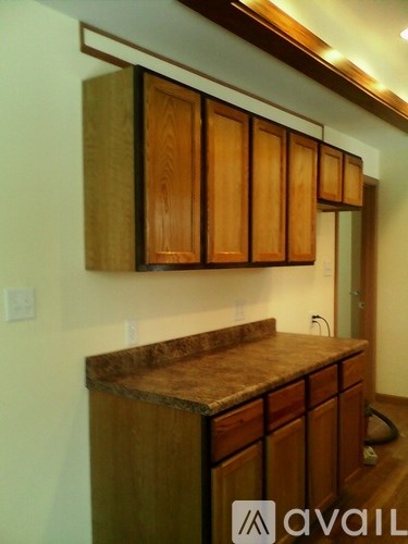 A kitchen with wooden cabinets and a counter top.